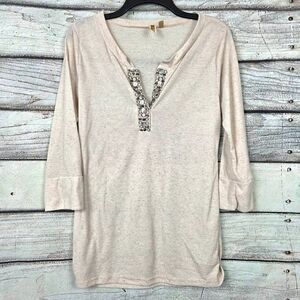 BKE Embellished Henley Top Cream XL USA